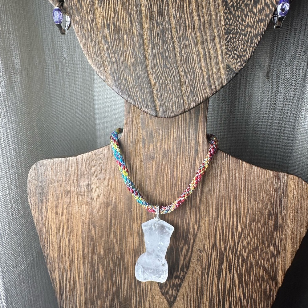Clear Quartz Lady Body Carving Pendant Necklace on Multicolor Rope, Silver Bail - Picture 6 of 14